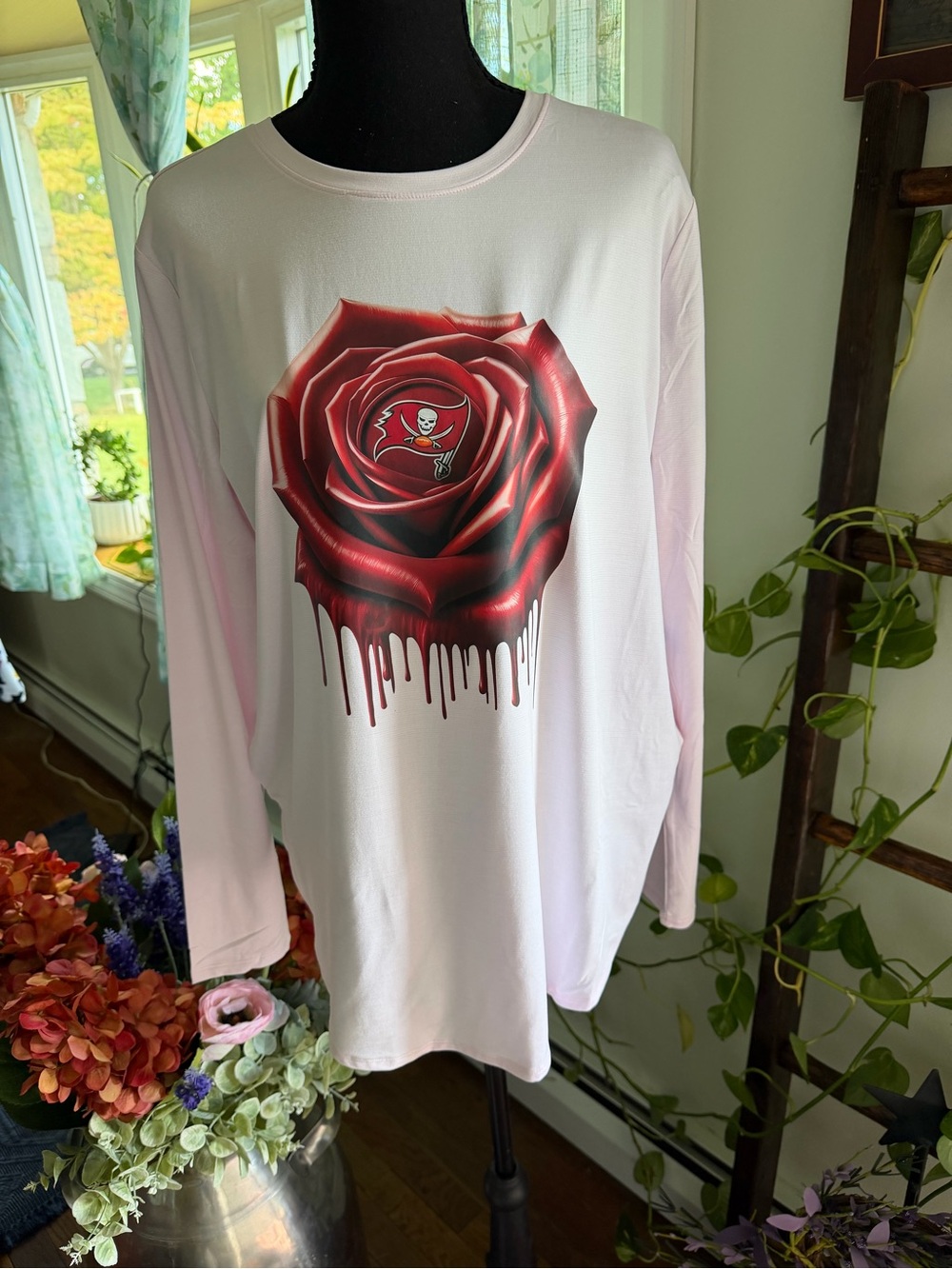 Tampa Bay Buccaneers Pink Long-Sleeve Tee with Red Dripping Rose Graphic